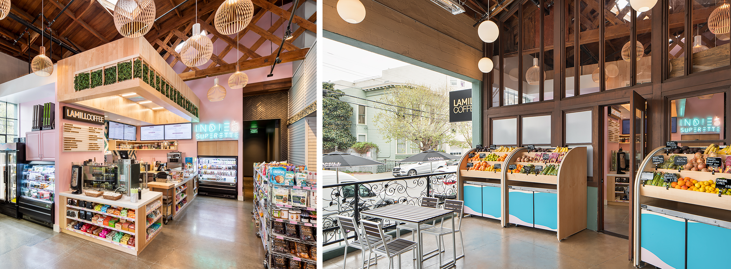 Top Left: With space at a premium, designers took care to keep the store uncluttered and inviting. | Three patio area fruit and vegetable stands do double duty as display and storage fixtures.
