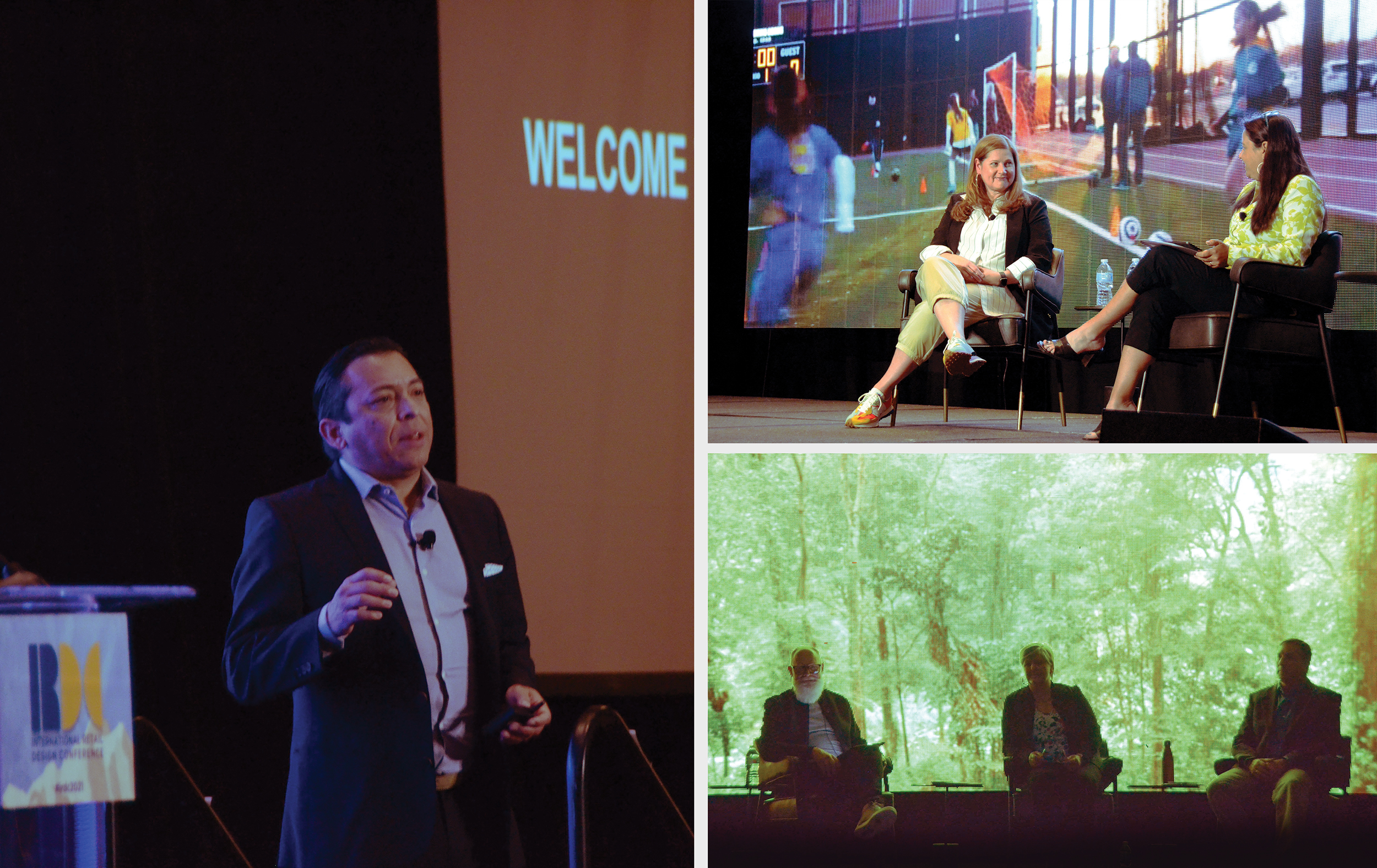 (LEFT) Brian Solis opens IRDC with a compelling keynote; (ABOVE) VMSD’s Jennifer Acevedo sits down for a fireside chat with Dick’s Sporting Goods’ Toni Roeller; (BOTTOM) Bevan Bloemendaal led a panel discussion on designing healthy spaces.