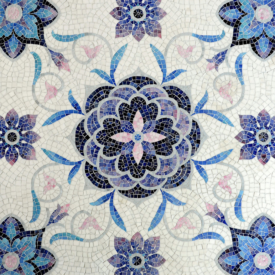 Aurelia, a handmade mosaic shown in Absolute White, Rhodolite, Amethyst, Rose Quartz, Pearl, and Blue Spinel Sea Glass is part of the Sea Glass collection by New Ravenna.