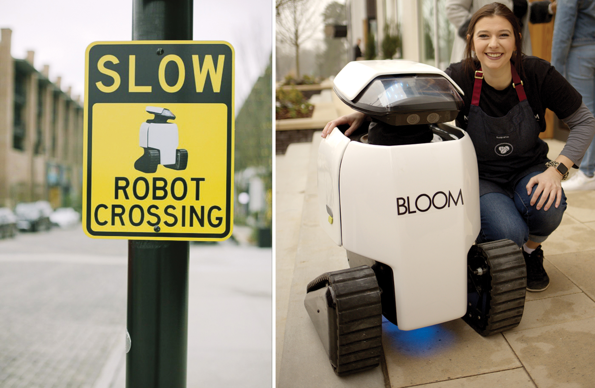 Crossings nearby the store allow the two delivery robots safe passage through the neighborhood.