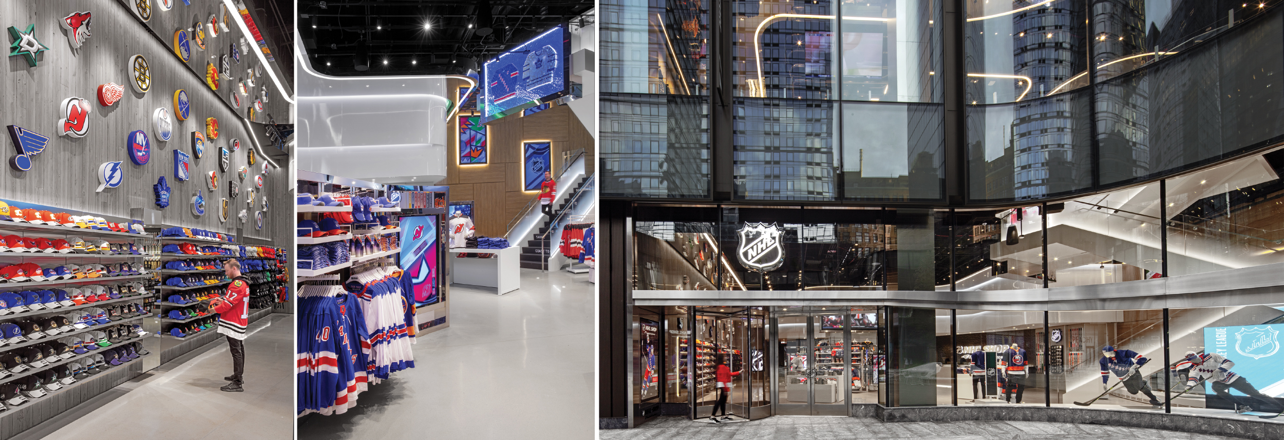 Left: A feature wall clad in barn siding highlights various NHL team logos with caps merchandised underneath, encouraging shoppers to browse. 