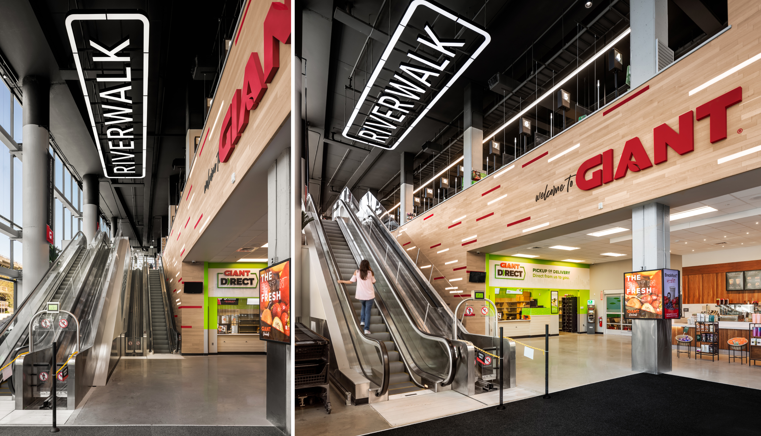 Giant’s second floor is accessible via escalators, highlighted by striking suspended signage.