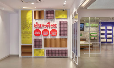 Above: Recycled mattress foam sourced from Duroflex’s factory was used throughout for VM displays and other touchpoints in store.