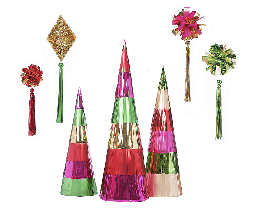 Holiday Foliage’s Fringed Cones, Tasseled PVC Mardis Gras Balls and Shag Diamonds