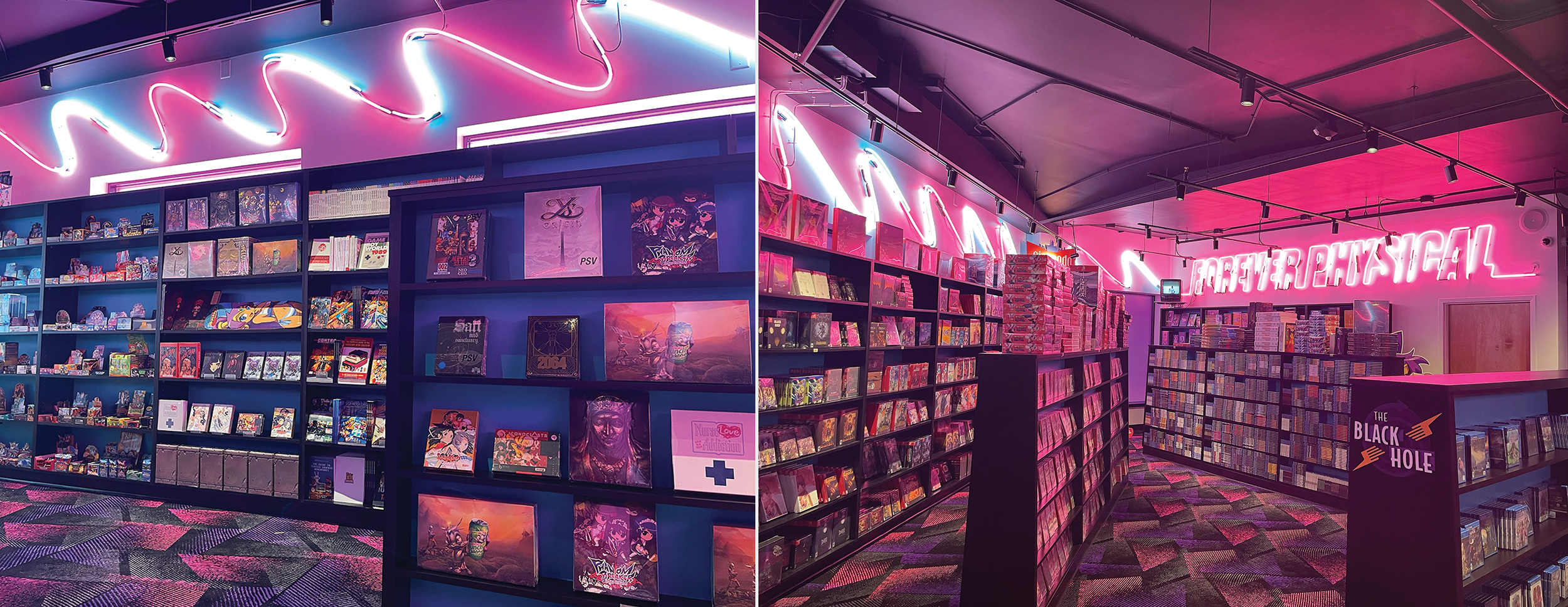 This page: Through a mix of neon and 1990s-inspired “bowling alley” style carpet, digitally native Limited Run Games’ first brick-and-mortar store offers gamers and collectors a trip back in time. 