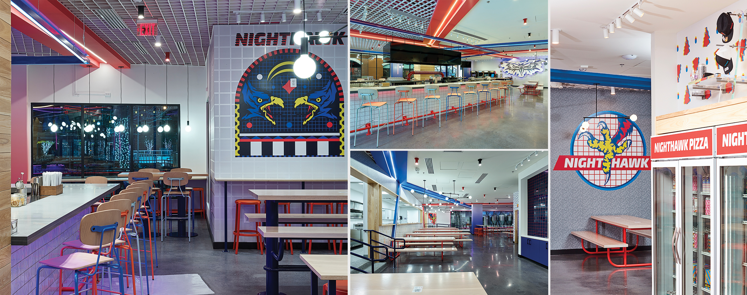 This page: Much like The Max restaurant in “Saved by the Bell,” Nighthawk Brewery & Pizza features neon, eclectic patterns and bold graphics in its latest Arlington, Va., locale.
