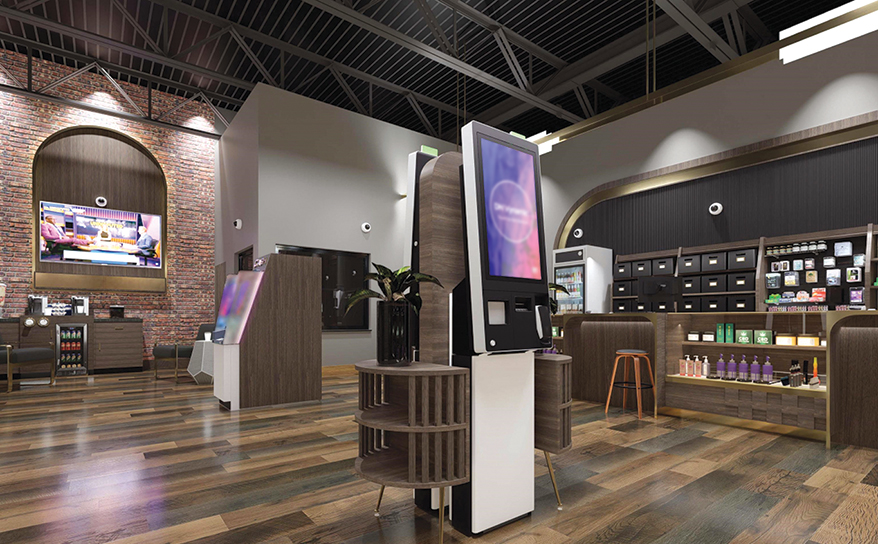 INTERIOR concept: What a dispensary converted from a bank branch might look like, with ATM and educational kiosk islands, sales counters, a beverage bar and a walled-off, extra-secure area in the back of the building.