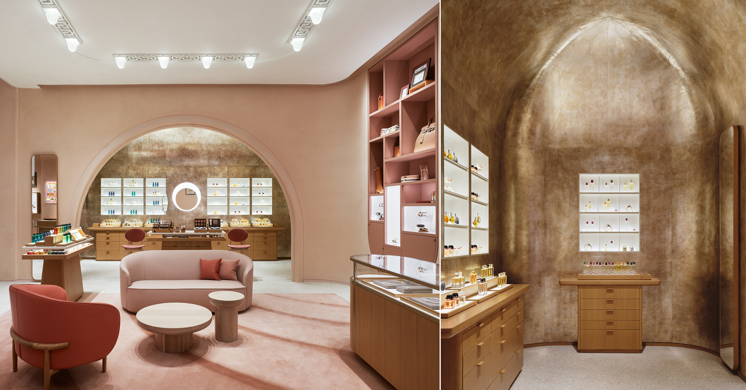 Left, Below: Carefully curated collections are housed in open spaces with textured walls, curved elements and plenty of luxe seating.