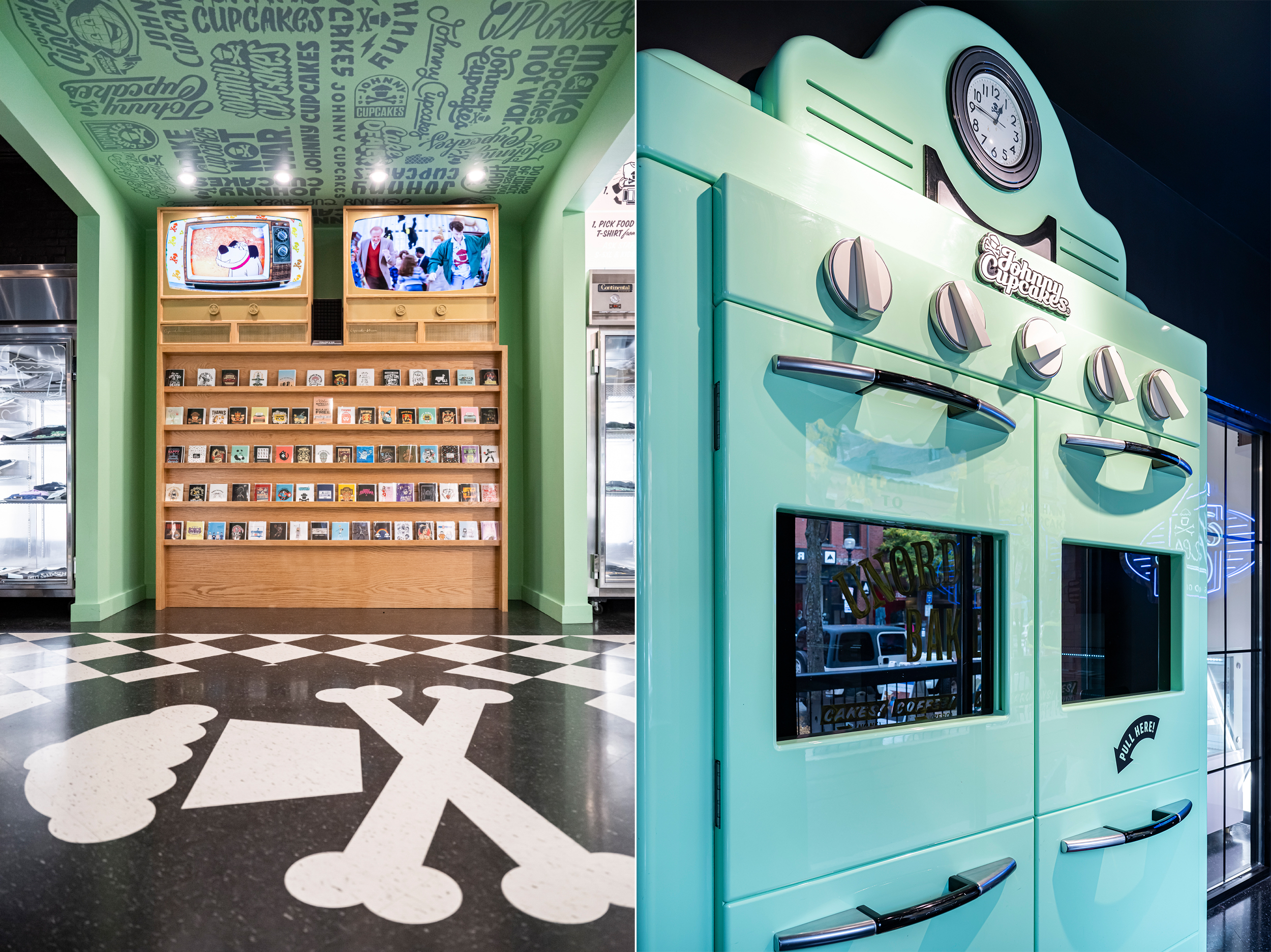 THIS PAGE Filled with sights, sounds and smells, Johnny Cupcakes’ latest store combines retro elements and immersive design.