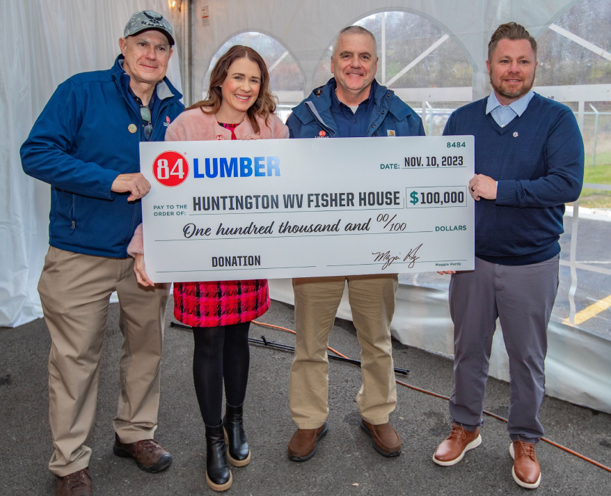 84 Lumber Donates $100,000 to WV Fisher House. Pictured: Rory Leightner-Commercial Sales Director, Central Division, 84 Lumber, Amy Smiley-Vice President of Marketing, 84 Lumber, Joe Camp-Area Manager at 84 Lumber, and Jason Wyant- WV Fisher House General Manager